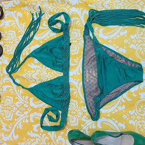 BIKINI by VICTORIA'S SECRET Large Fringe Macrame Side Tie Silky Green Swimsuit